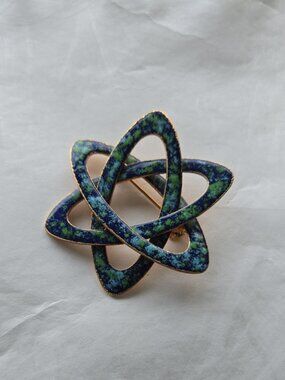 Modern Design Blue Green Speckled Brooch Gold Tone Lapel Pin Pinback Costume